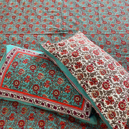 Indigo Blue Floral  Handblock Cotton Bedsheet