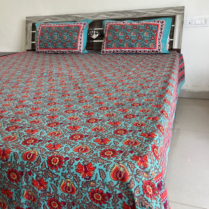 Indigo Blue Floral  Handblock Cotton Bedsheet