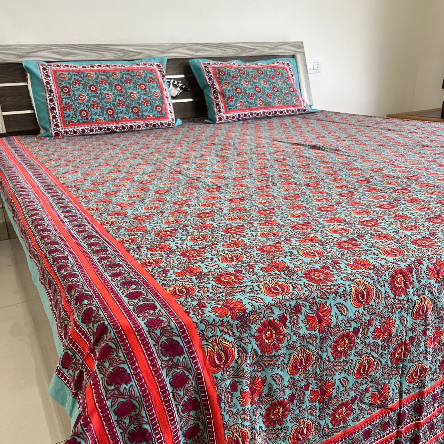 Indigo Blue Floral  Handblock Cotton Bedsheet