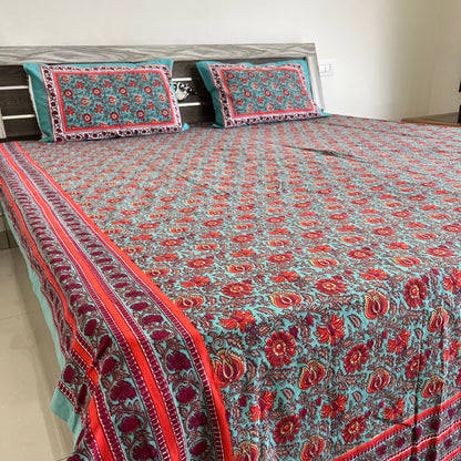 Indigo Blue Floral  Handblock Cotton Bedsheet