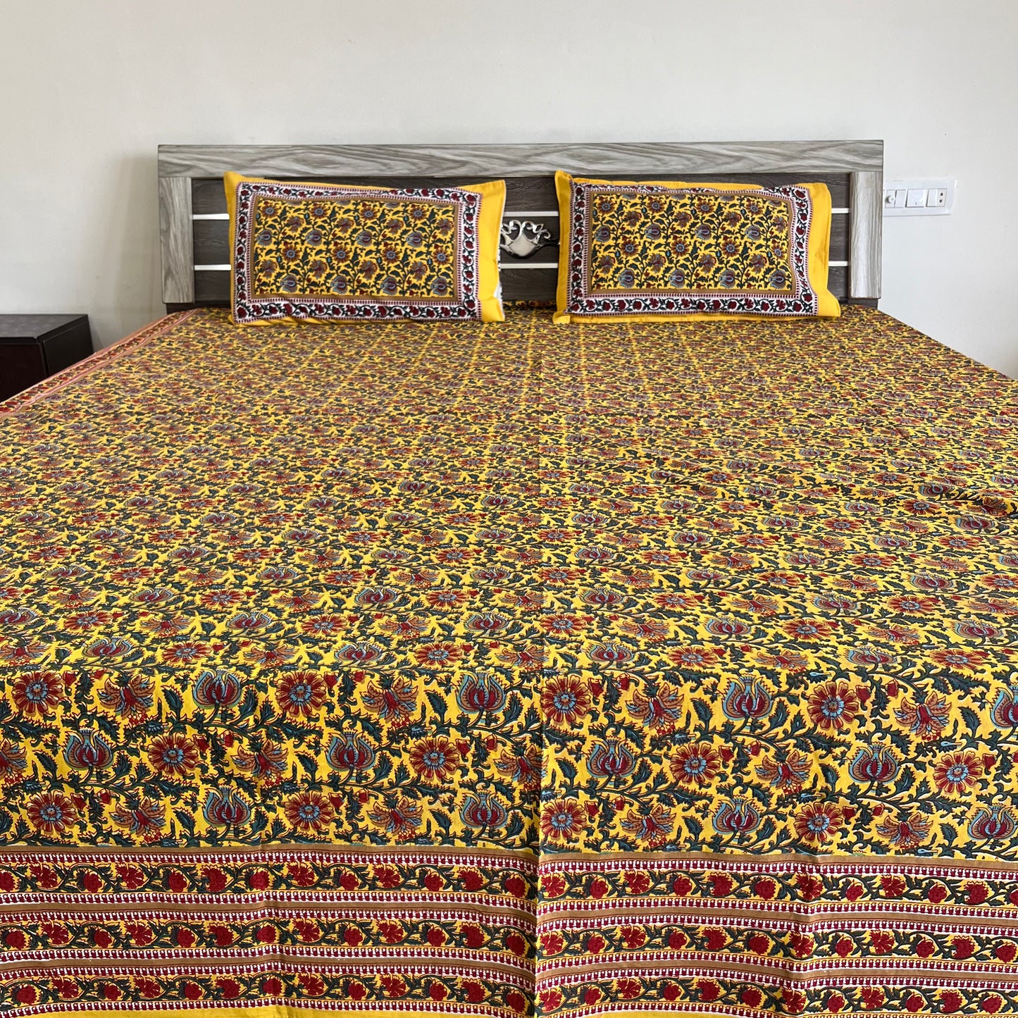 Bright Yellow  Floral Handblock Cotton Bedsheet