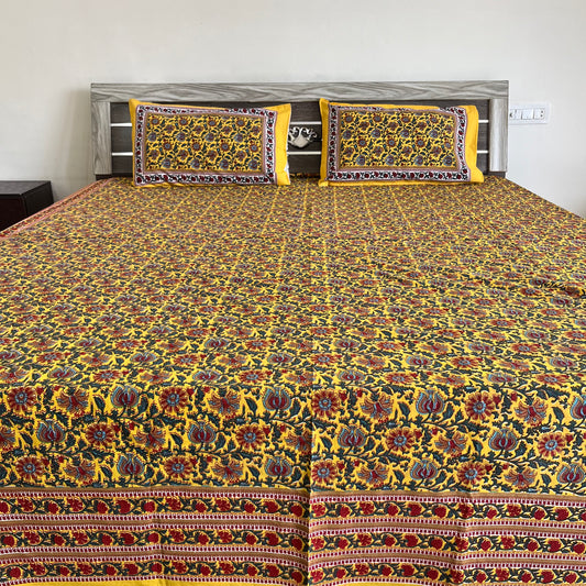 Bright Yellow  Floral Handblock Cotton Bedsheet