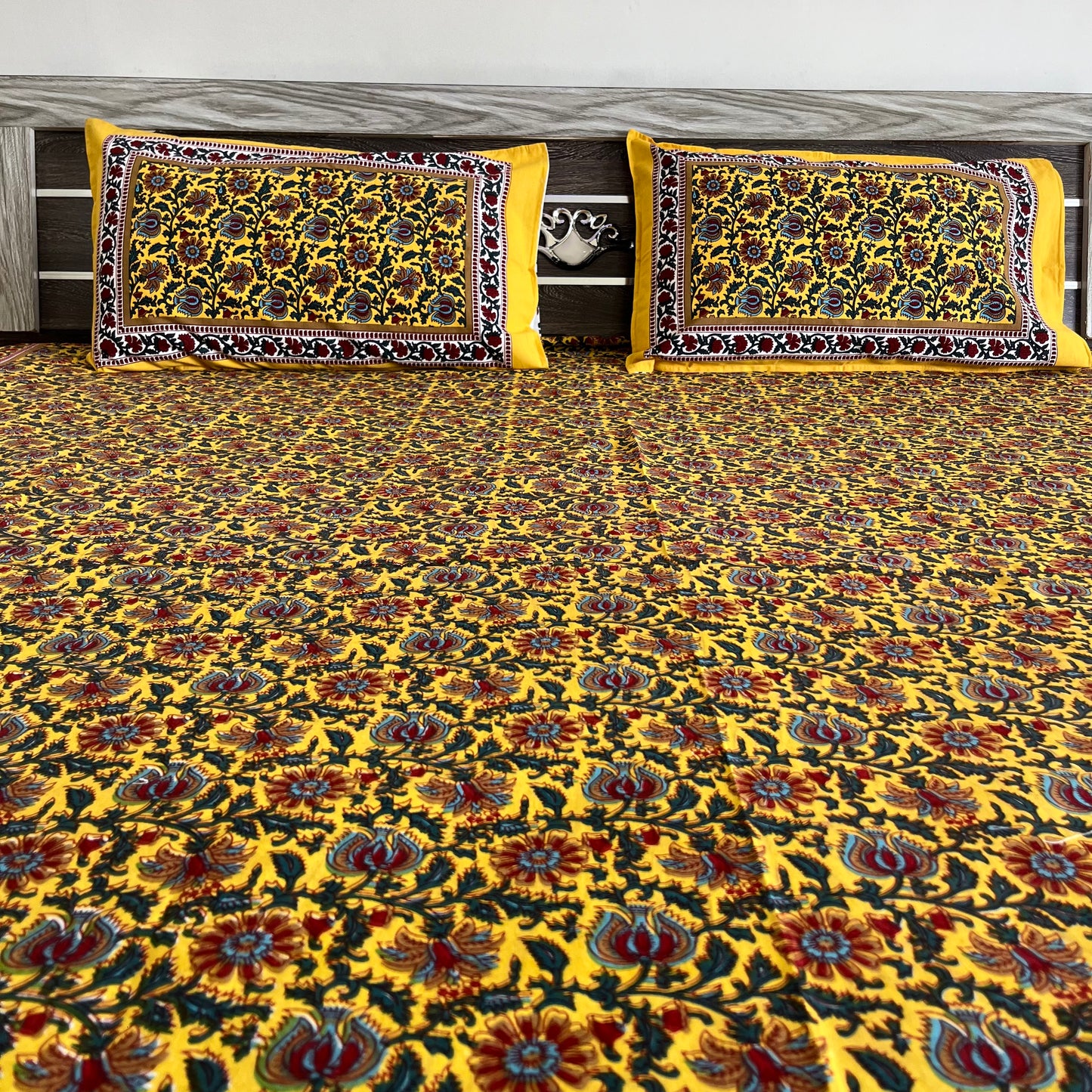 Bright Yellow  Floral Handblock Cotton Bedsheet