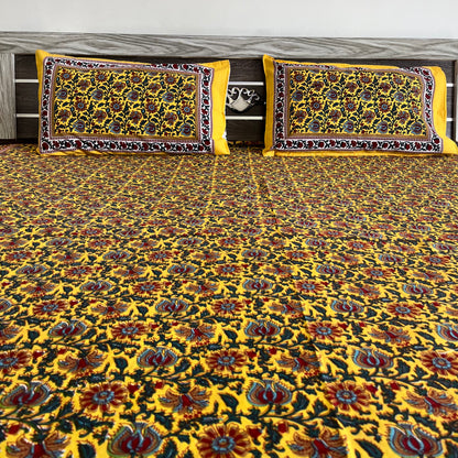 Bright Yellow  Floral Handblock Cotton Bedsheet