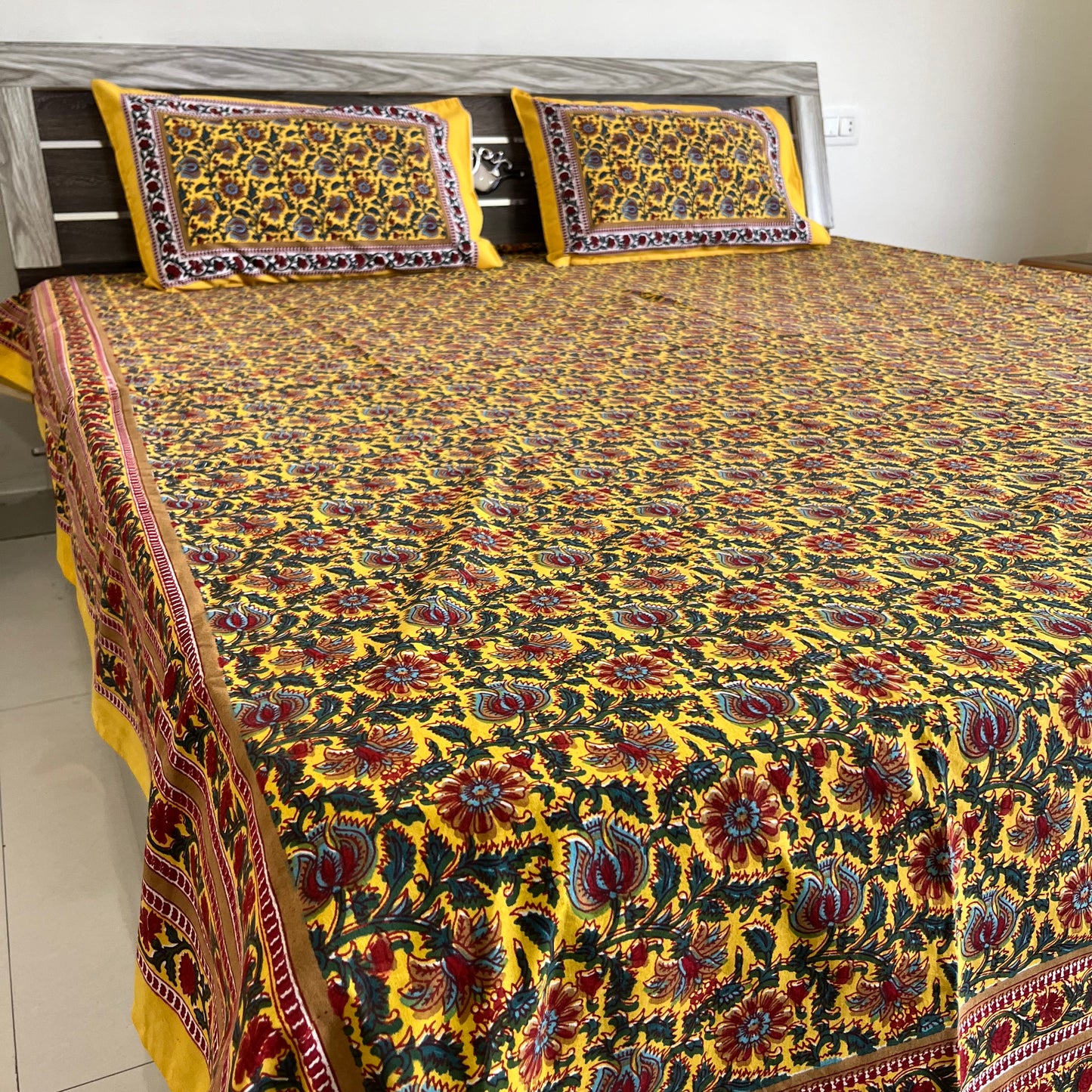 Bright Yellow  Floral Handblock Cotton Bedsheet