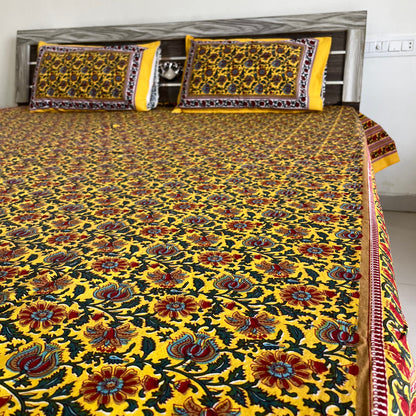 Bright Yellow  Floral Handblock Cotton Bedsheet