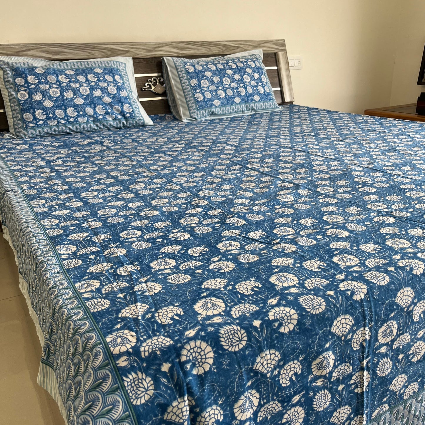 Blue & White Floral Motifs Handblock Cotton Bedsheet
