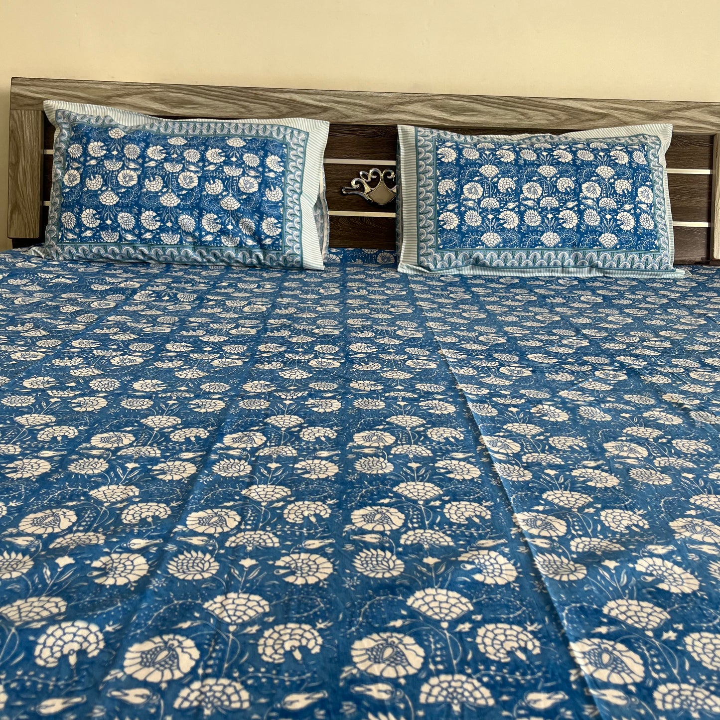 Blue & White Floral Motifs Handblock Cotton Bedsheet