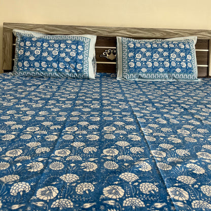 Blue & White Floral Motifs Handblock Cotton Bedsheet