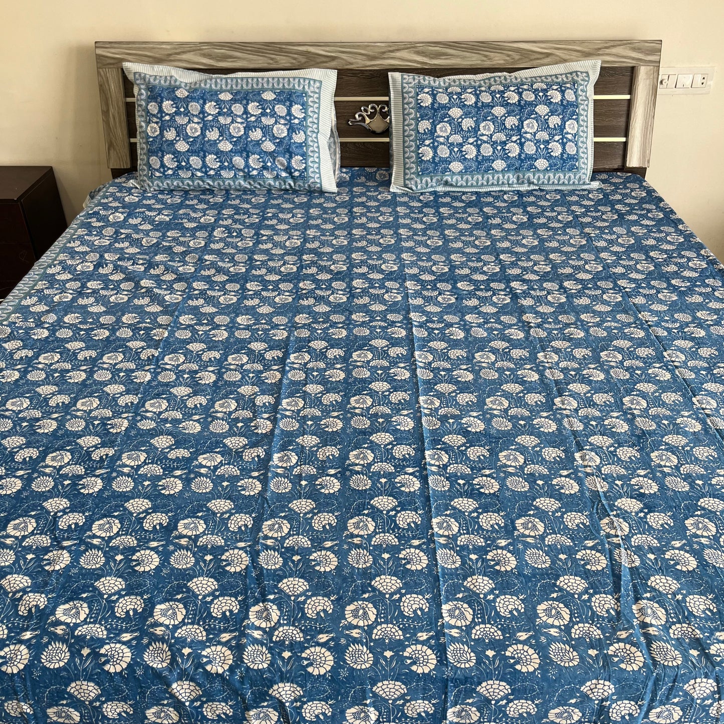 Blue & White Floral Motifs Handblock Cotton Bedsheet