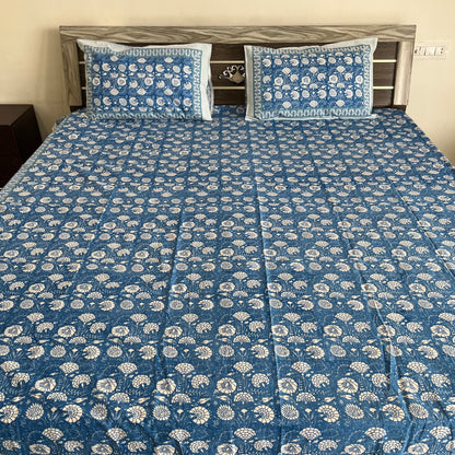 Blue & White Floral Motifs Handblock Cotton Bedsheet
