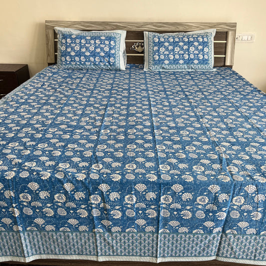 Blue & White Floral Motifs Handblock Cotton Bedsheet