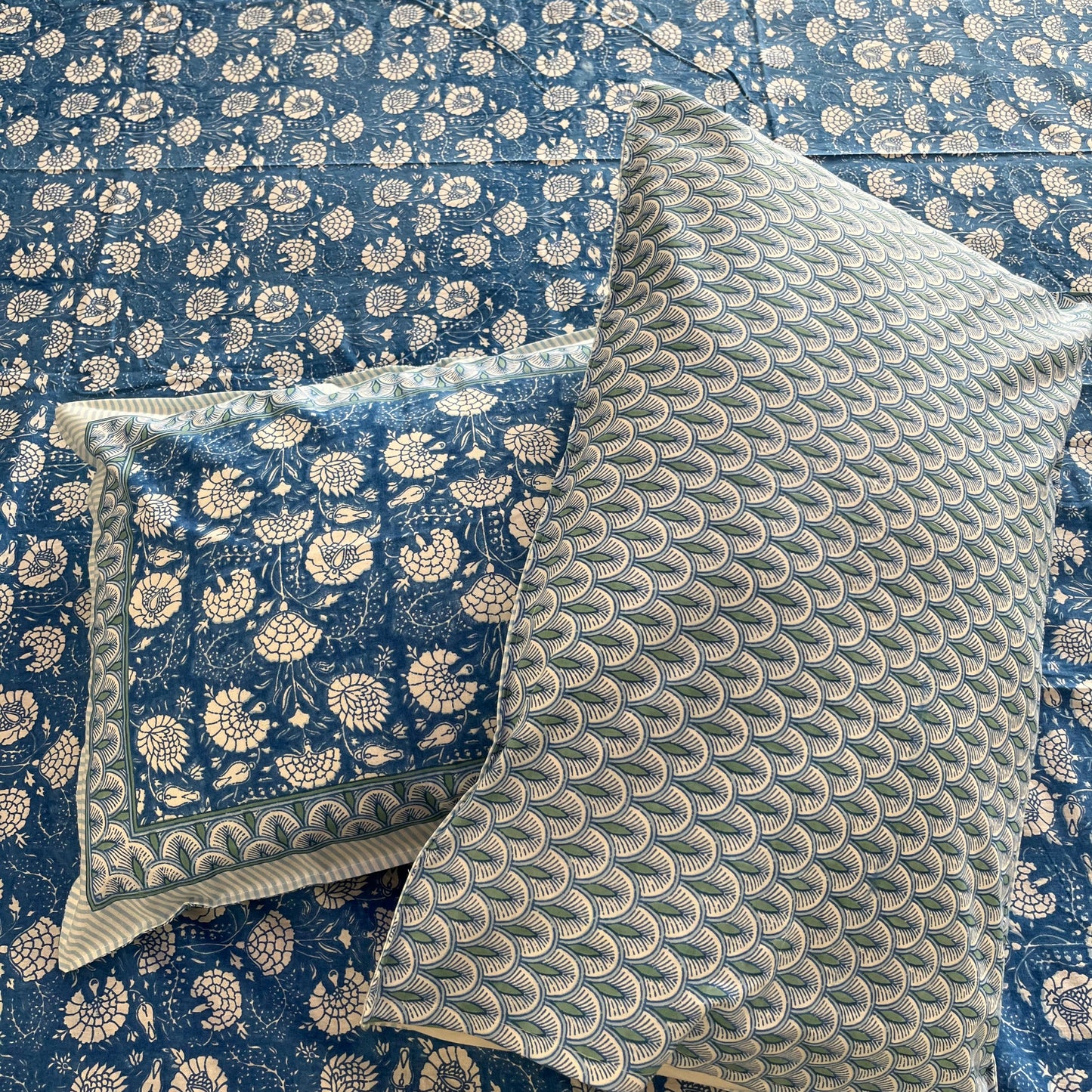 Blue & White Floral Motifs Handblock Cotton Bedsheet