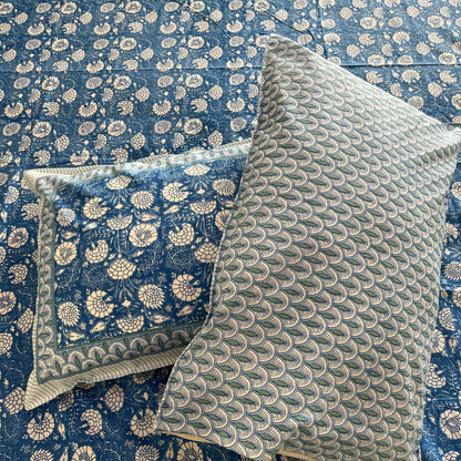 Blue & White Floral Motifs Handblock Cotton Bedsheet