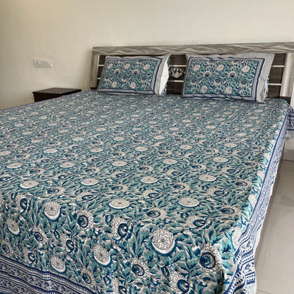 Cool Green & Grey Flora Motifs Handblock Cotton Bedsheet