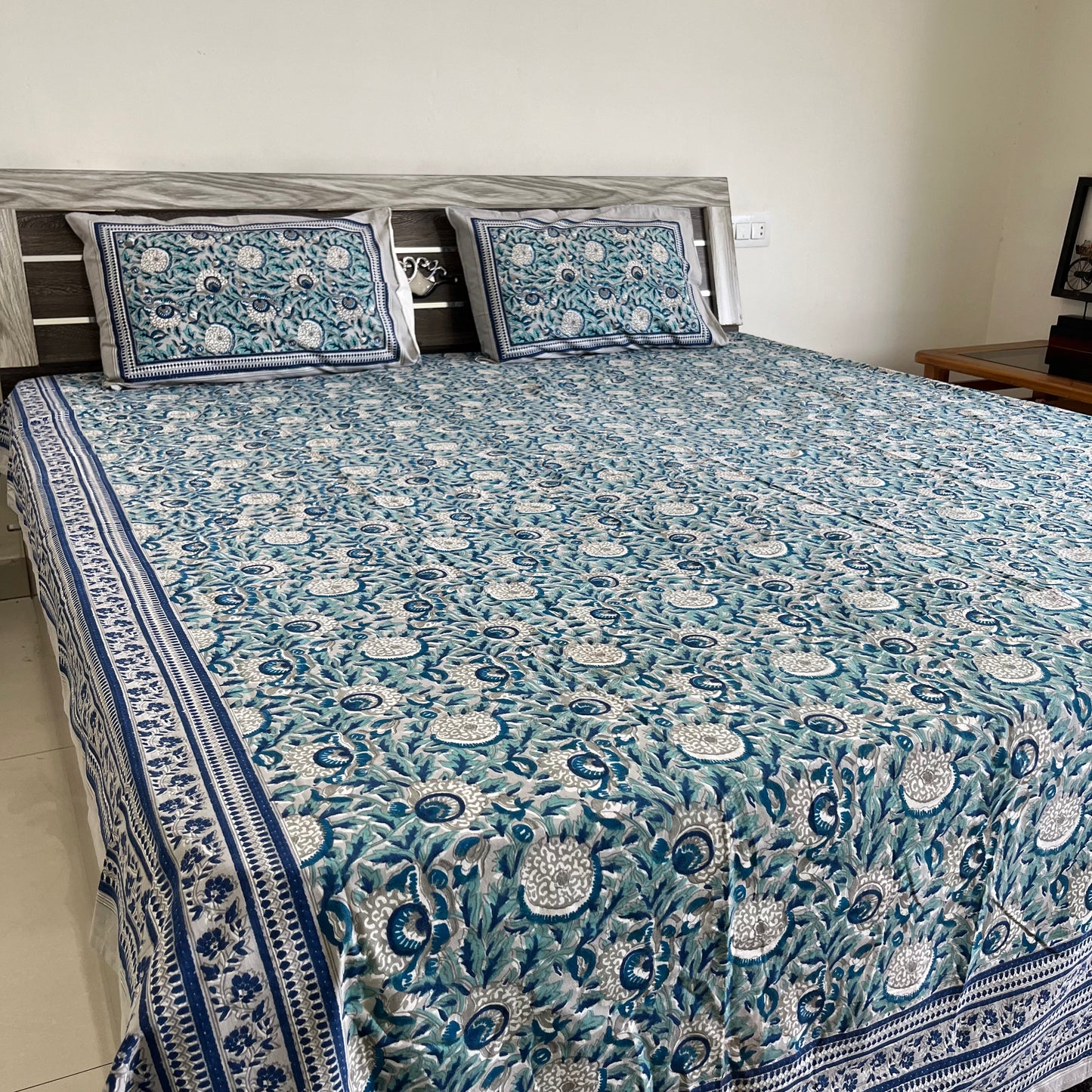 Cool Green & Grey Flora Motifs Handblock Cotton Bedsheet