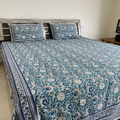 Cool Green & Grey Flora Motifs Handblock Cotton Bedsheet