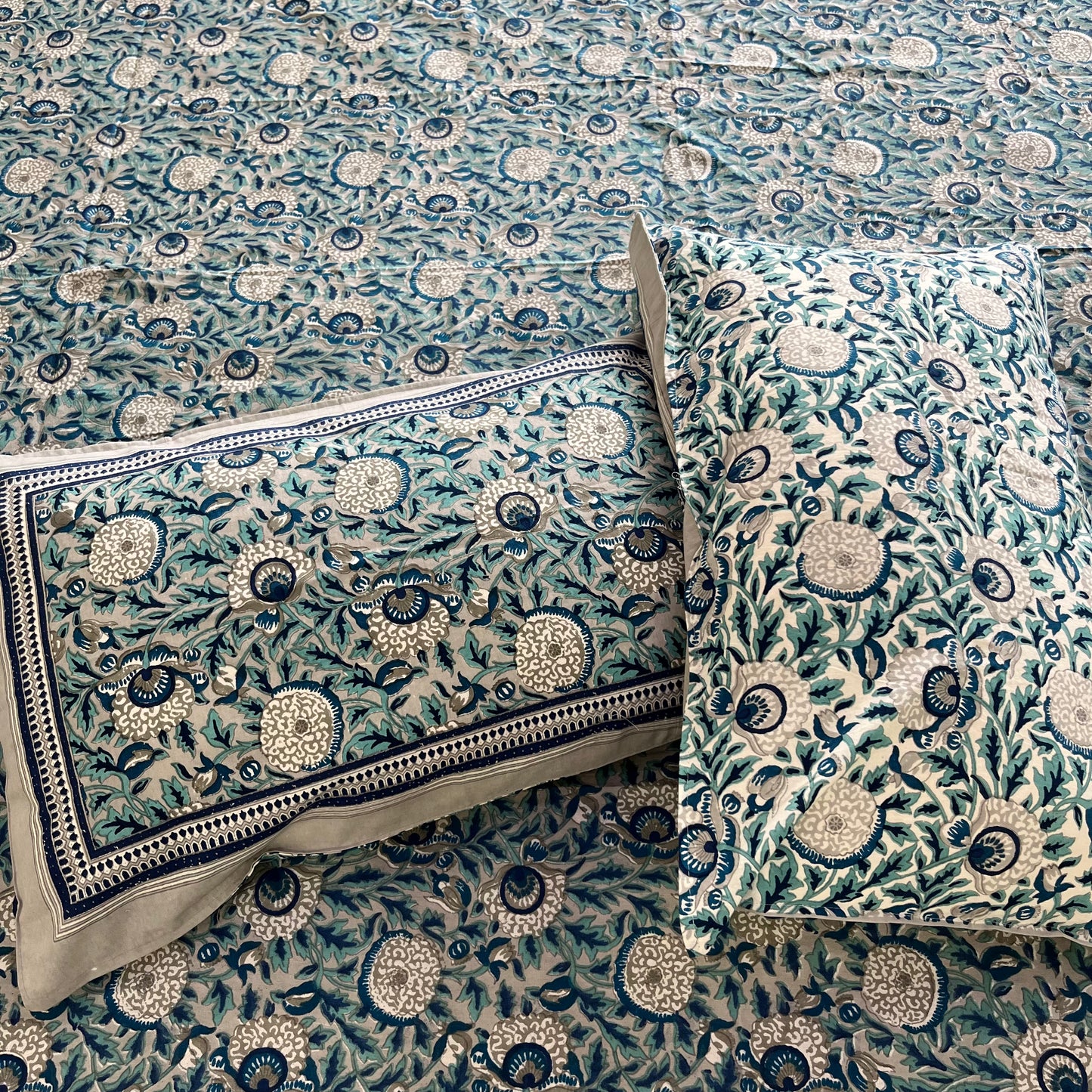 Cool Green & Grey Flora Motifs Handblock Cotton Bedsheet