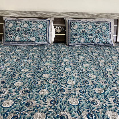 Cool Green & Grey Flora Motifs Handblock Cotton Bedsheet