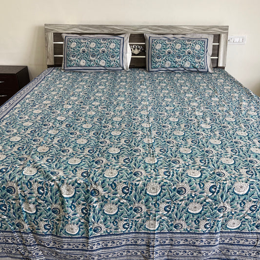Cool Green & Grey Flora Motifs Handblock Cotton Bedsheet