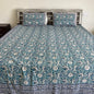 Cool Green & Grey Flora Motifs Handblock Cotton Bedsheet