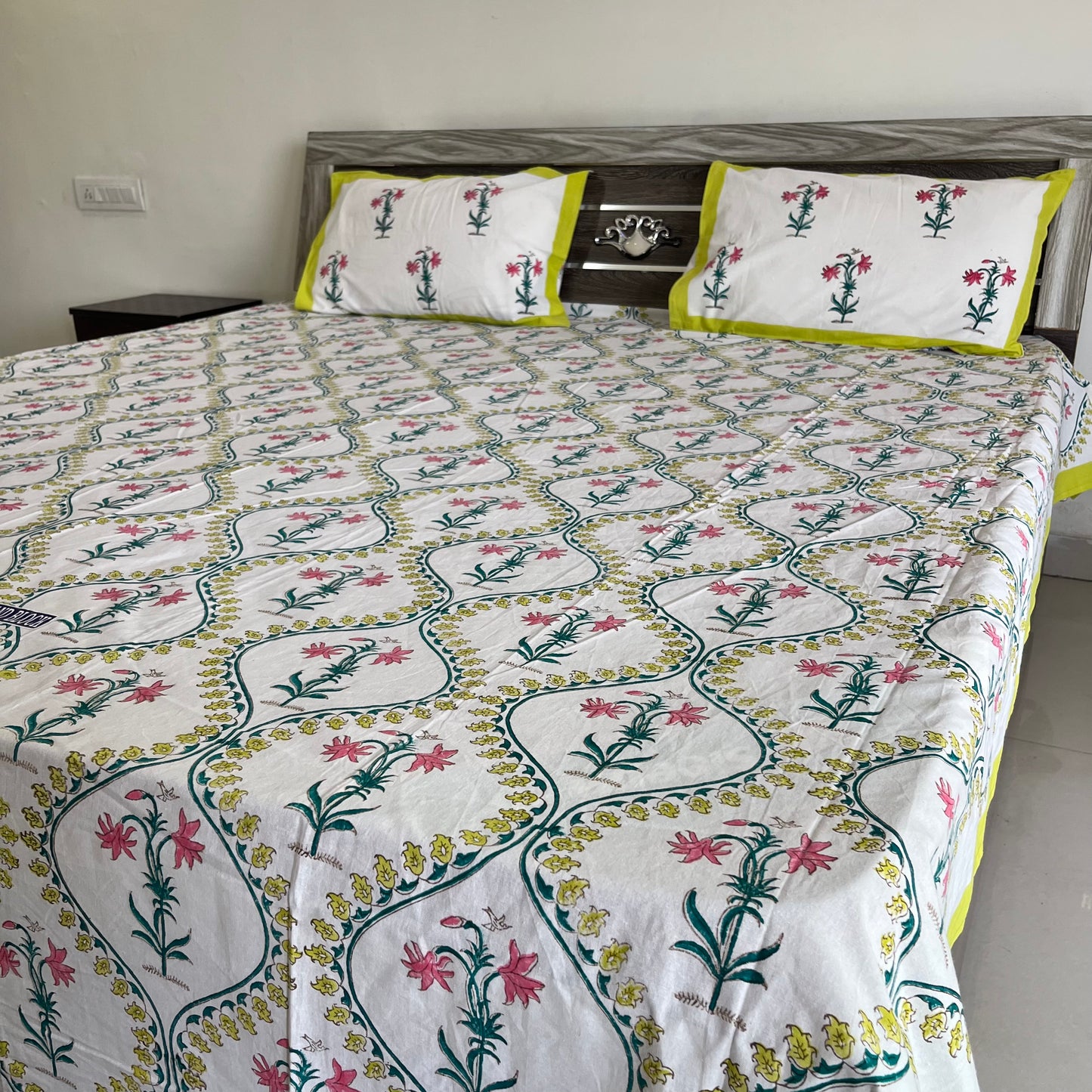 Soft Pink Floral Handblock Cotton Bedsheet