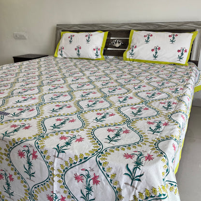 Soft Pink Floral Handblock Cotton Bedsheet