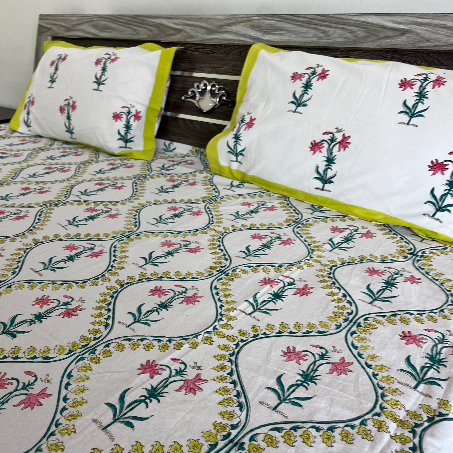 Soft Pink Floral Handblock Cotton Bedsheet
