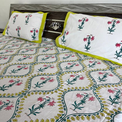 Soft Pink Floral Handblock Cotton Bedsheet