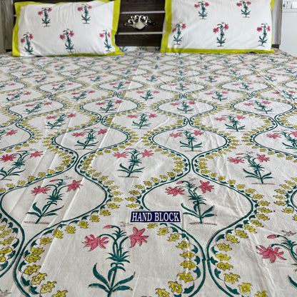 Soft Pink Floral Handblock Cotton Bedsheet