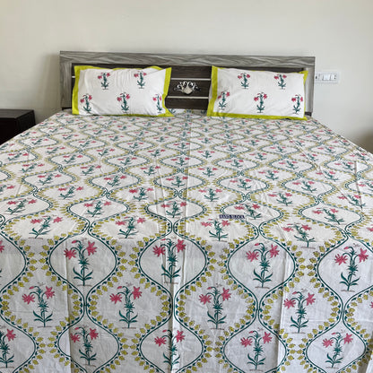 Soft Pink Floral Handblock Cotton Bedsheet