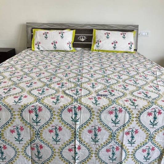 Soft Pink Floral Handblock Cotton Bedsheet