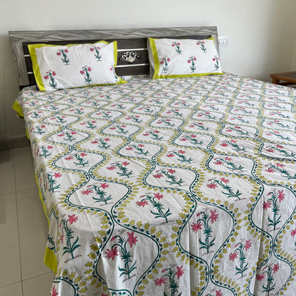Soft Pink Floral Handblock Cotton Bedsheet
