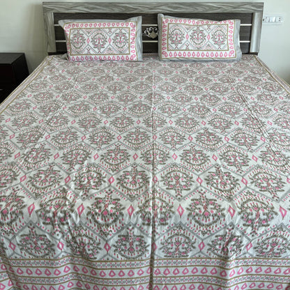 Ikkat Grey Double Bedsheet with 2 Pillow covers