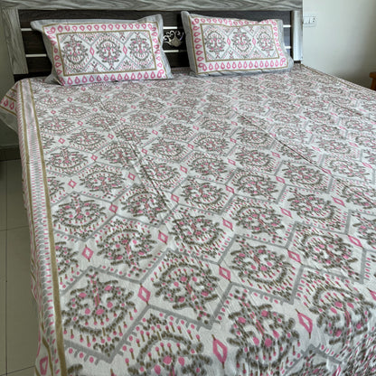Ikkat Grey Double Bedsheet with 2 Pillow covers