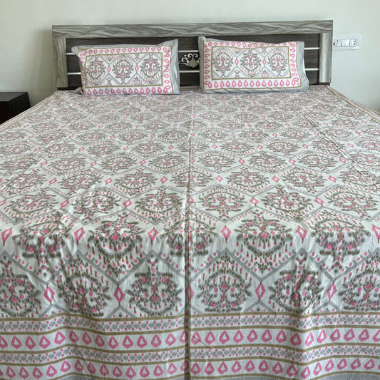 Ikkat Grey Double Bedsheet with 2 Pillow covers