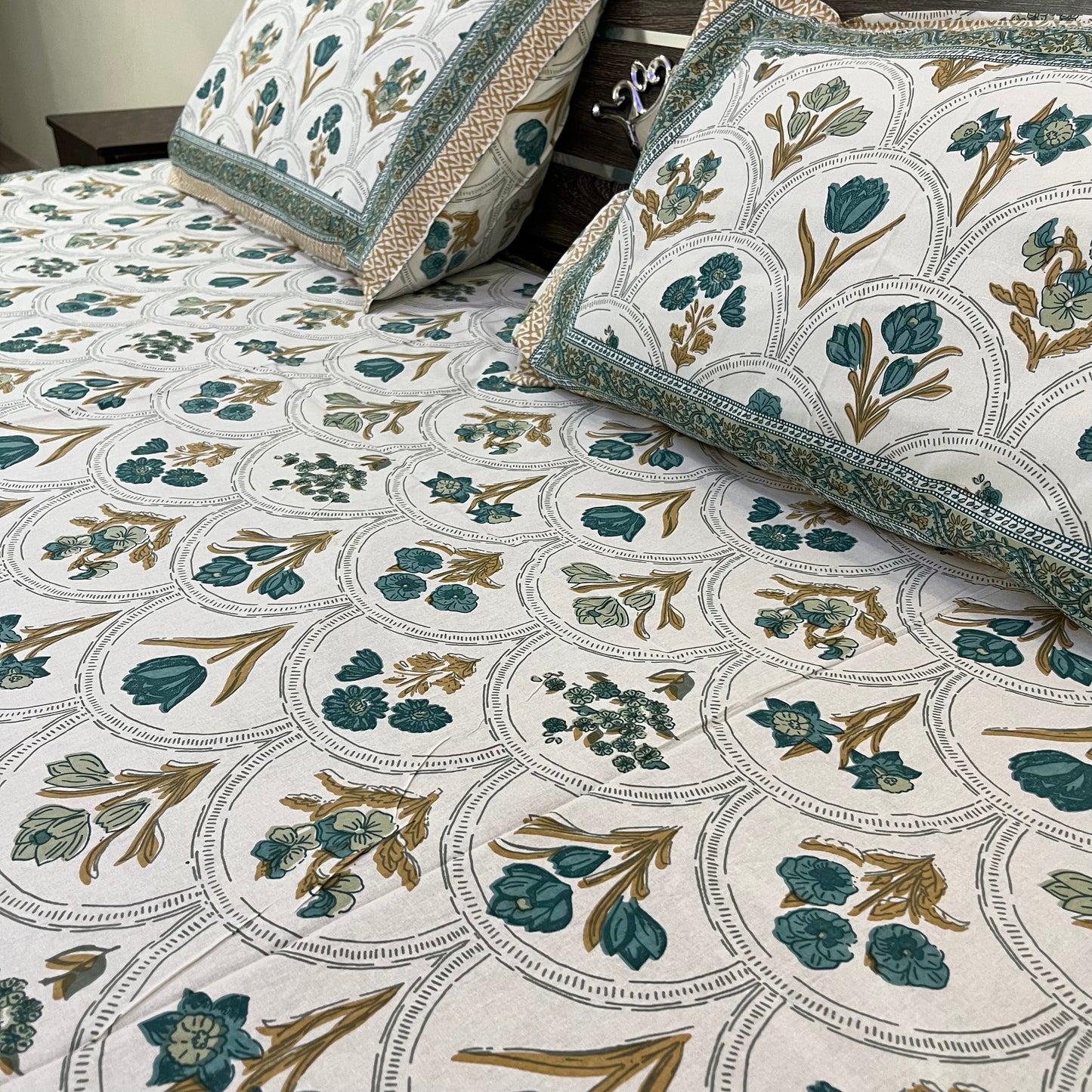 Blue Handblock Cotton Double Bedsheet with 2 Pillow Covers