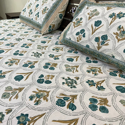 Blue Handblock Cotton Double Bedsheet with 2 Pillow Covers