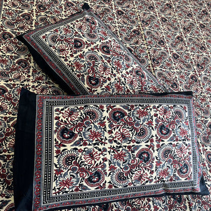 Black floral Kalamkari Bedsheet with 2 Pillow covers