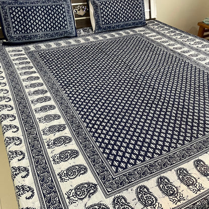 White Abstract Indigo Cotton Bedsheet