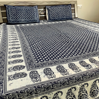 White Abstract Indigo Cotton Bedsheet