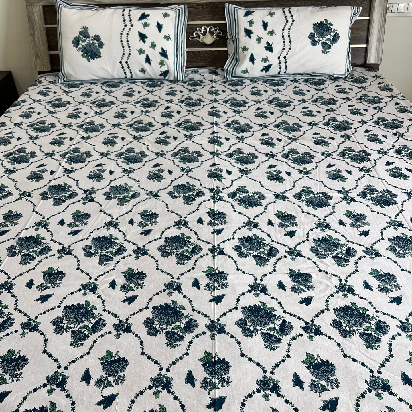 Blue Butterfly Floral Handblock Printed Cotton Bedsheet
