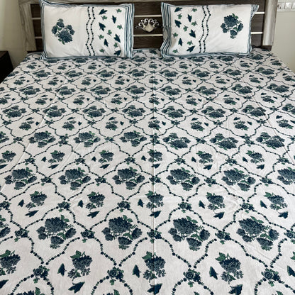 Blue Butterfly Floral Handblock Printed Cotton Bedsheet