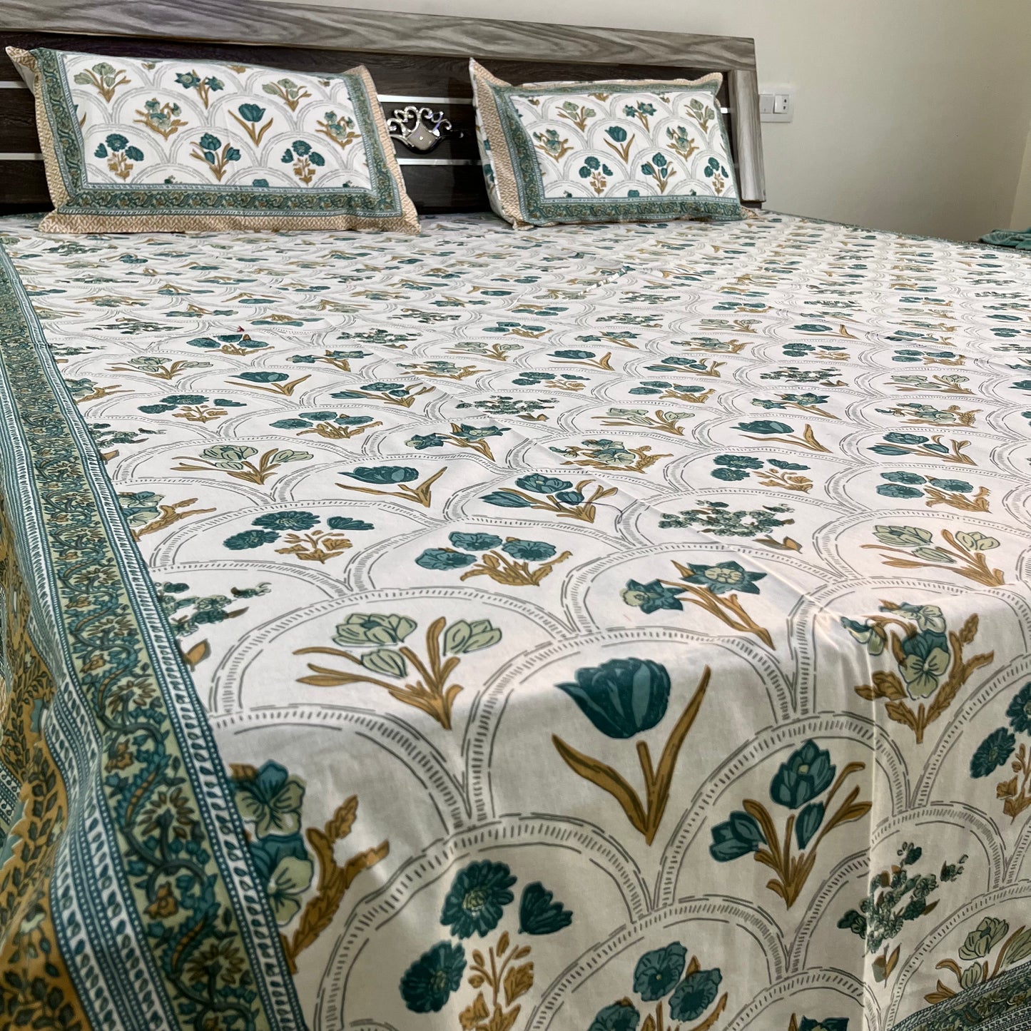 Blue Handblock Cotton Double Bedsheet with 2 Pillow Covers