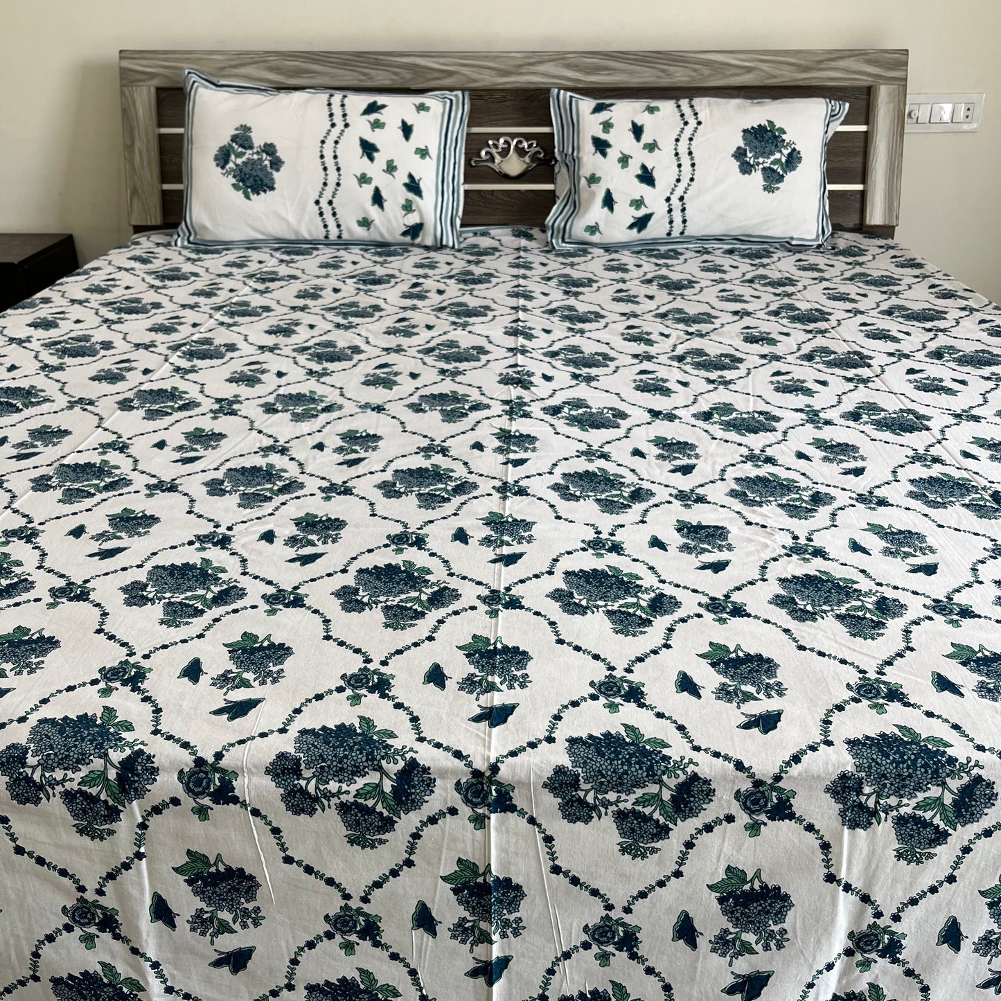 Blue Butterfly Floral Handblock Printed Cotton Bedsheet