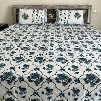 Blue Butterfly Floral Handblock Printed Cotton Bedsheet