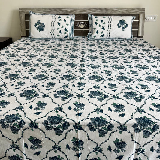 Blue Butterfly Floral Handblock Printed Cotton Bedsheet