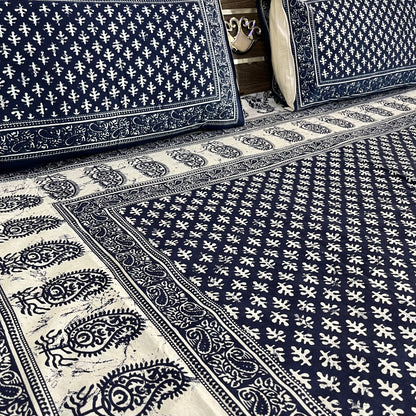 White Abstract Indigo Cotton Bedsheet