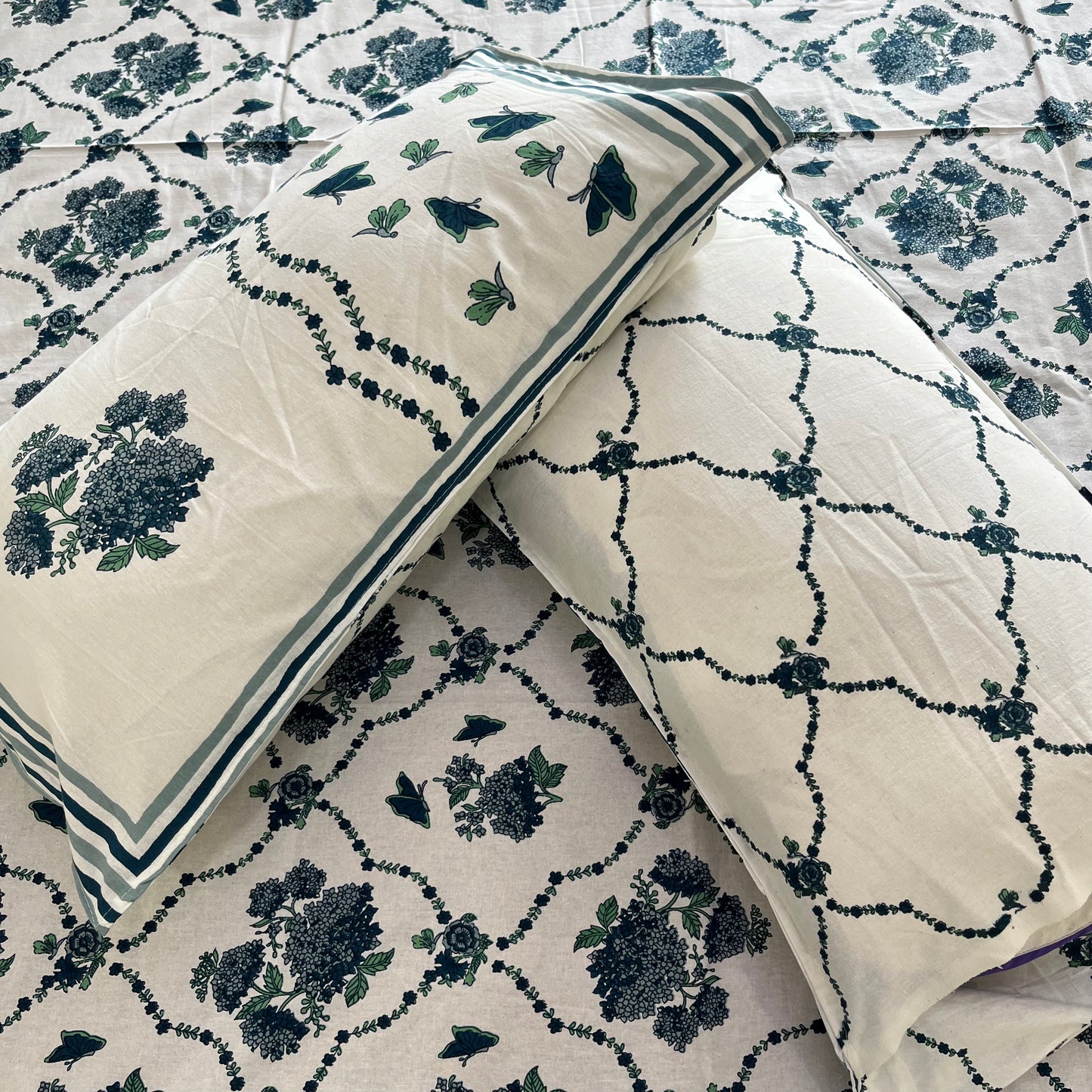 Blue Butterfly Floral Handblock Printed Cotton Bedsheet