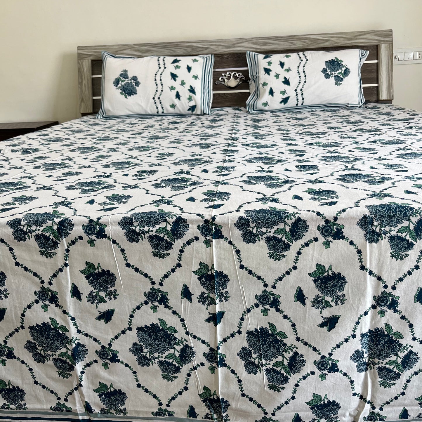 Blue Butterfly Floral Handblock Printed Cotton Bedsheet